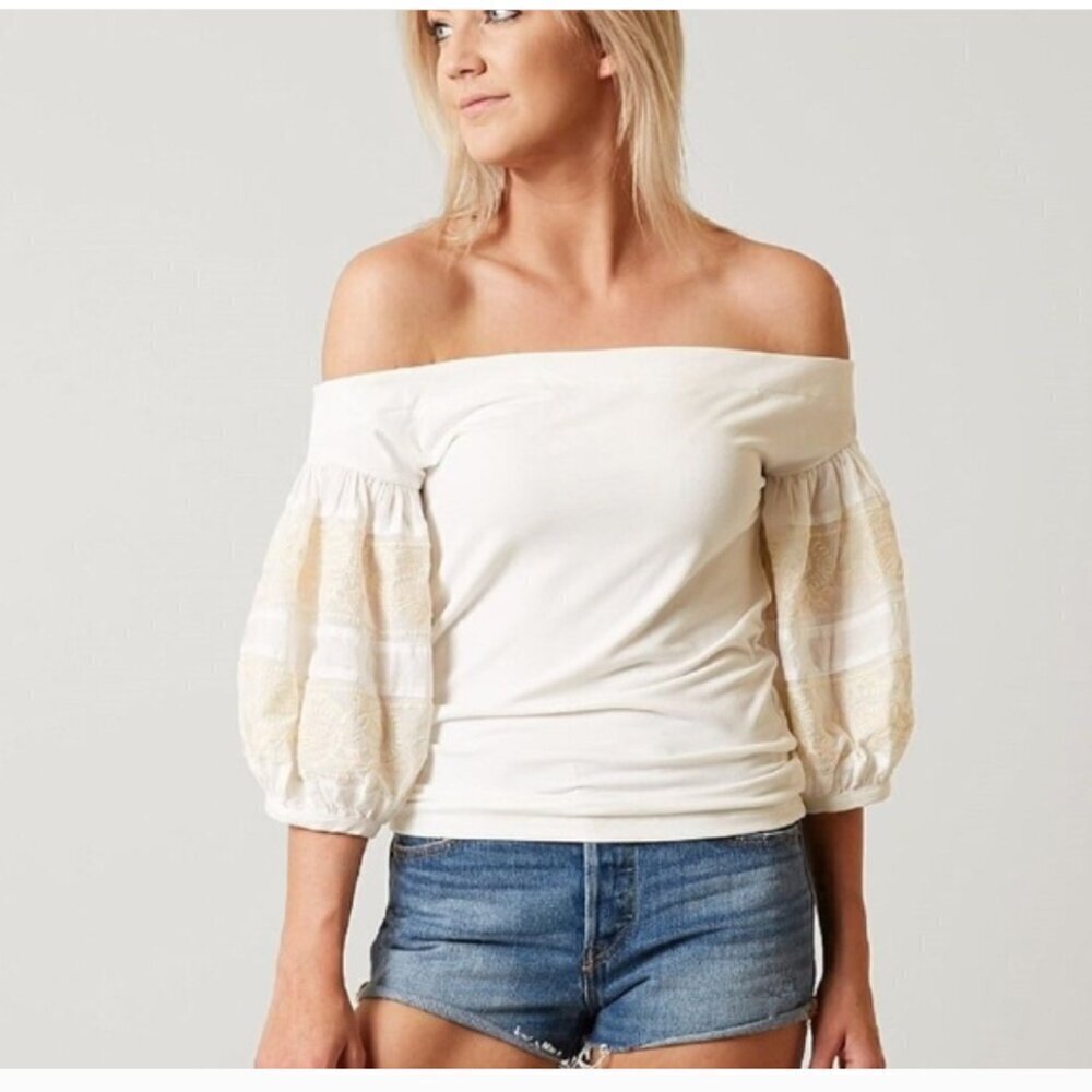 Free People Rock With It Off Shoulder Puff Sleeve Embroidered Top Blouse White S